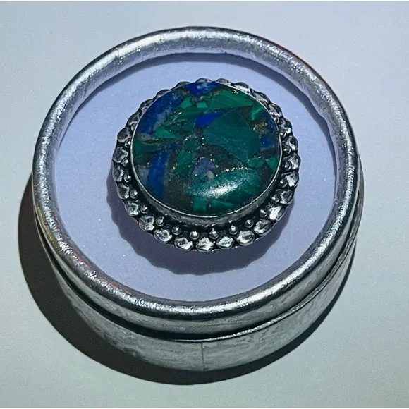 New Artisan Blue Green Natural Azurite Stone 925 Sterling Silver Circle Ring - Picture 11 of 15
